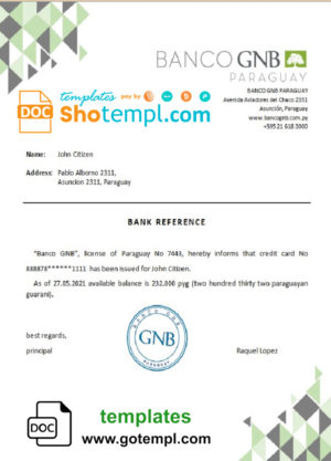 Paraguay Banco GNB bank account reference letter template in Word and PDF format