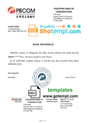Philippines Pilippine Bank of Comunication bank reference letter template in Word and PDF format