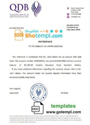 Qatar Development Bank bank account reference letter template in Word and PDF format