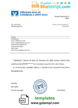 Germany Volksbank bank account reference letter template in Word and PDF format