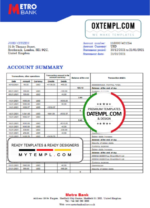 United Kingdom Metro Bank statement template in Word and PDF format