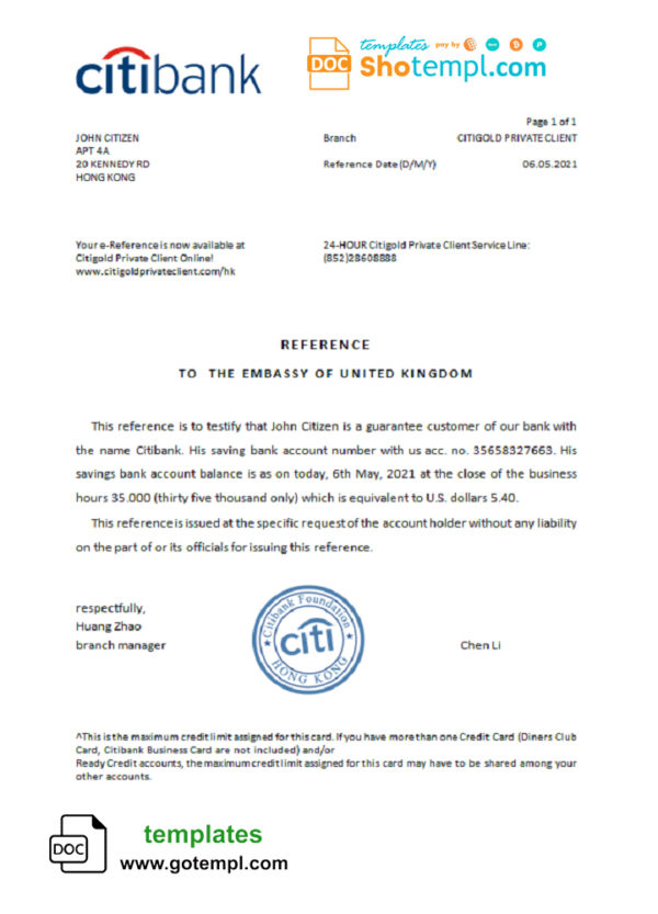Hong Kong Citibank reference letter template in Word and PDF format