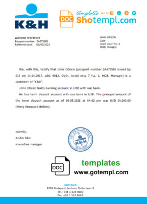 Hungary K&H bank reference letter template in Word and PDF format