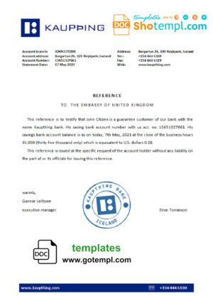 Iceland Kaupthing bank reference letter template in Word and PDF format