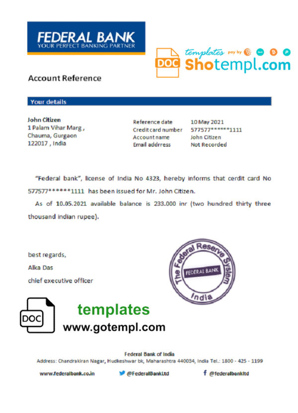 India Federal bank reference letter template in Word and PDF format