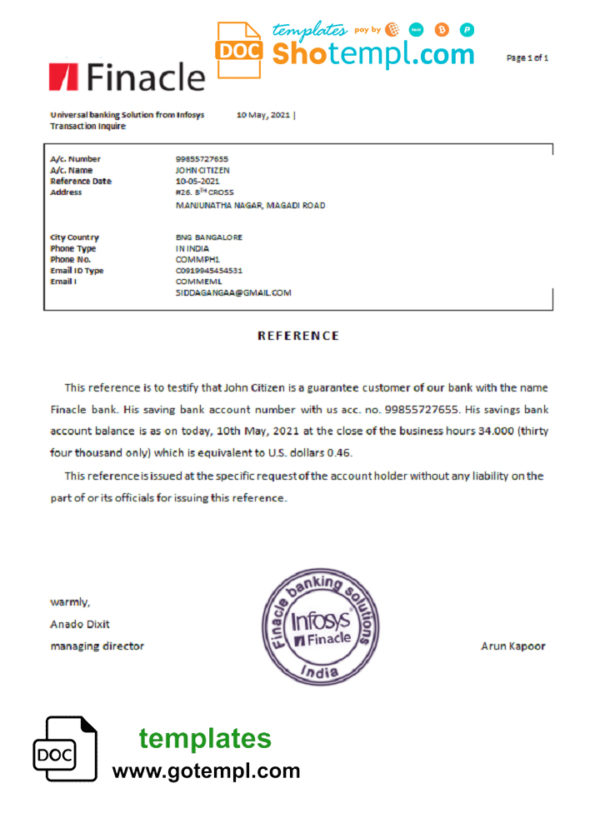 India Finacle bank reference letter template in Word and PDF format