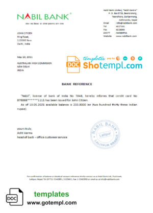 India Nabil bank reference letter template in Word and PDF format