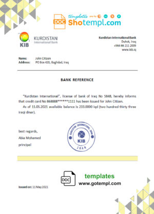 Iraq Kurdistan International bank reference letter template in Word and PDF format