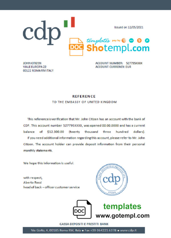 Italy CDP bank account reference letter template in Word and PDF format