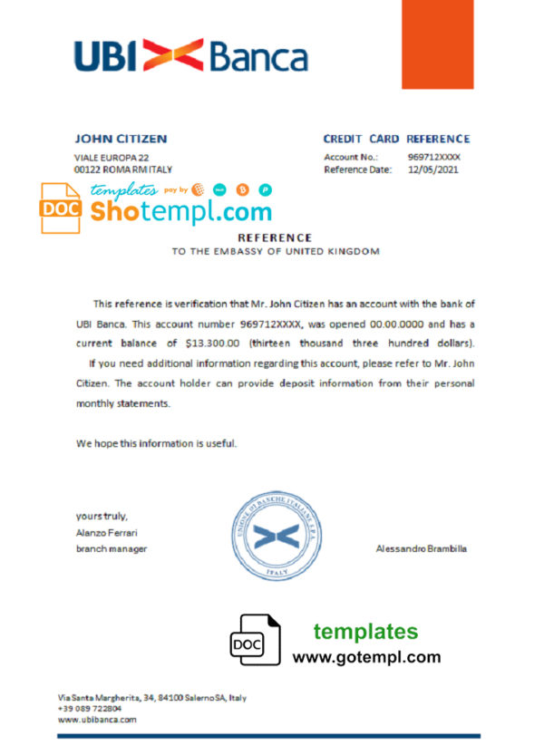 Italy UBI bank account reference letter template in Word and PDF format