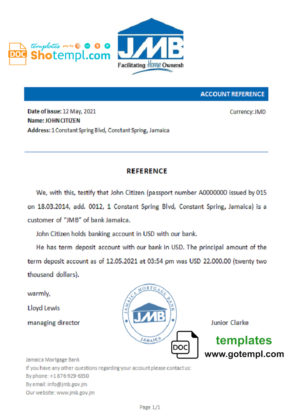 Jamaica Mortgage bank account reference letter template in Word and PDF format