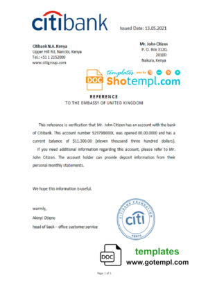 Kenya Citibank account reference letter template in Word and PDF format