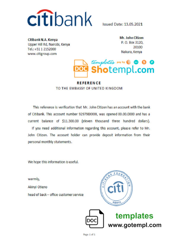 Kenya Citibank account reference letter template in Word and PDF format