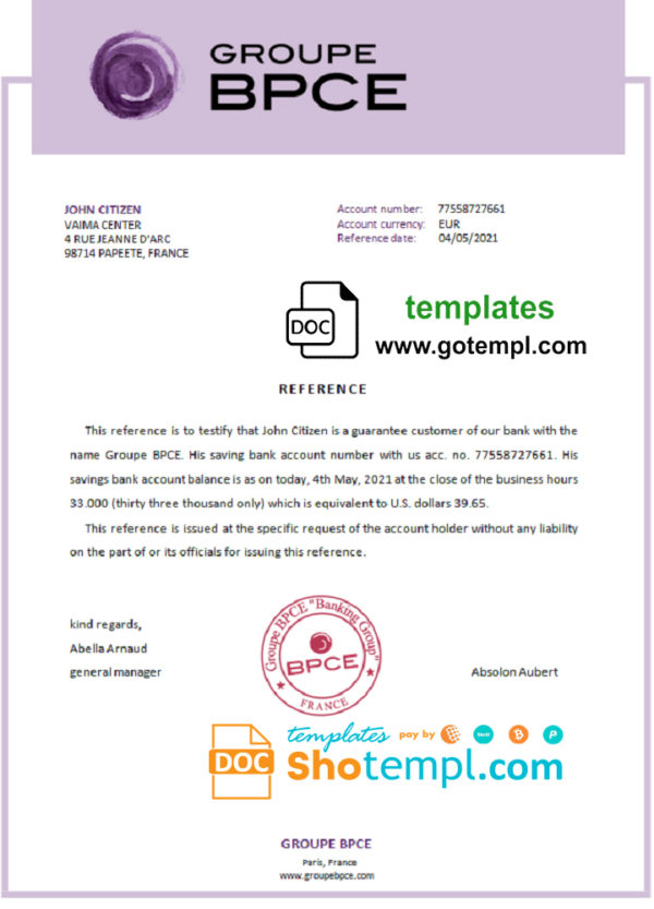France Groupe BPCE bank account reference letter template in Word and PDF format