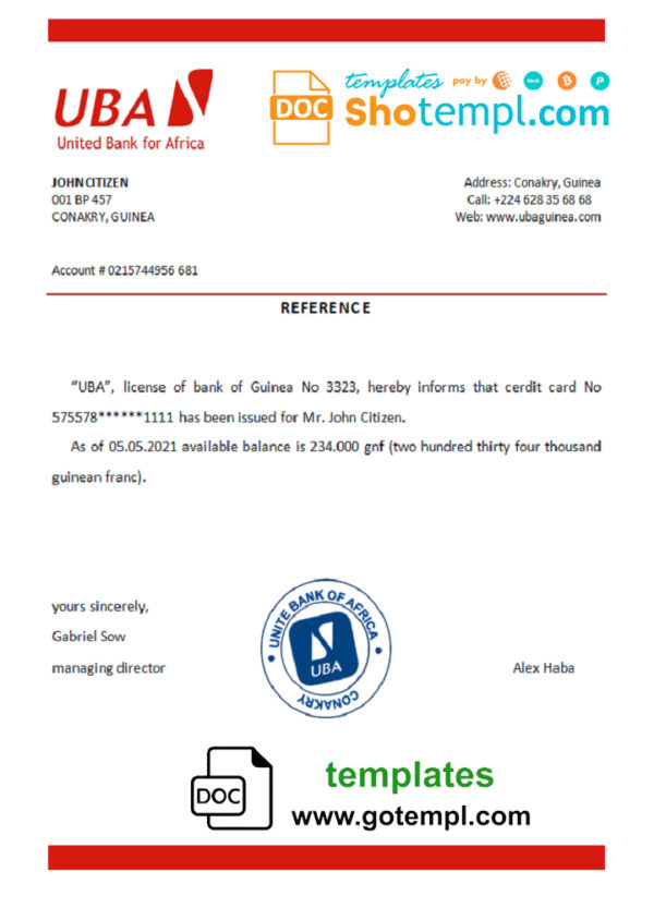 Guinea UBA bank account reference letter template in Word and PDF format