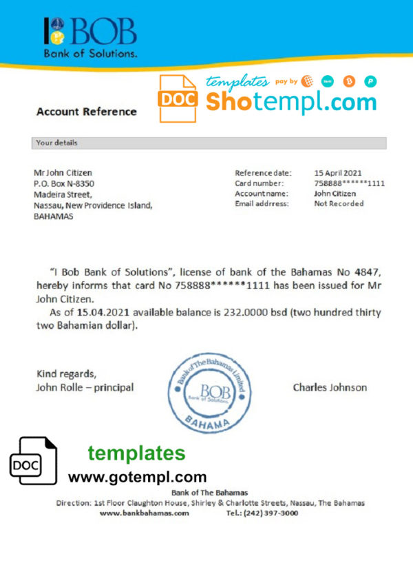 The Bahamas Bank of The Bahamas reference bank reference letter template in Word and PDF format