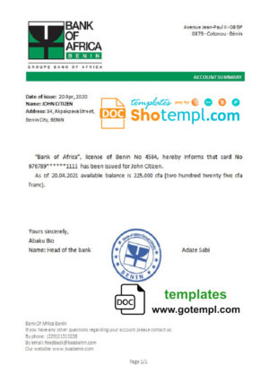 Benin Bank of Africa bank reference letter template in Word and PDF format