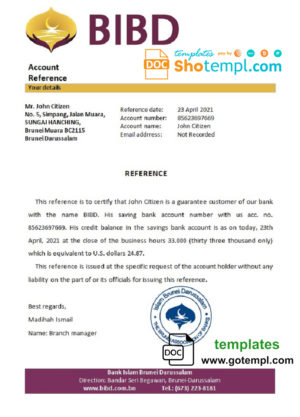 Brunei Islam Darussalam bank account reference letter template in Word and PDF format