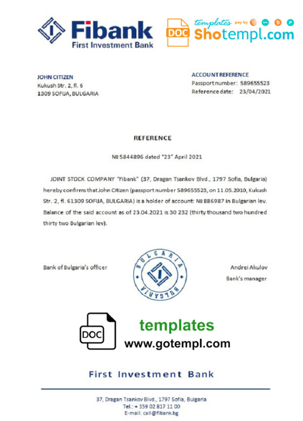 Bulgaria First Investment bank reference letter template in Word and PDF format