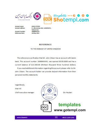 Iran Zamin bank reference letter template in Word and PDF format