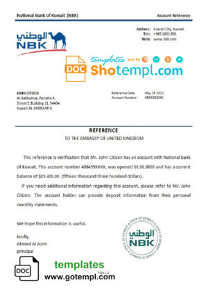 Kuwait National Bank of Kuwait bank account reference letter template in Word and PDF format