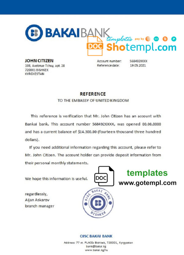Kyrgyzstan OJSC Bakai Bank bank account reference letter template in Word and PDF format