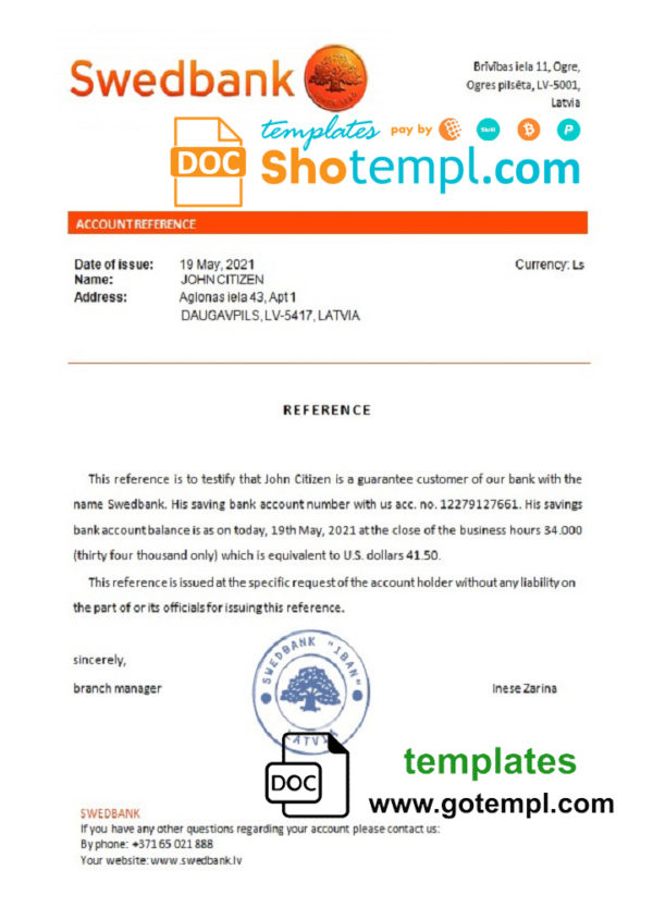Latvia Swedbank bank reference letter template in Word and PDF format