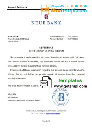 Liechtenstein Neue Bank bank reference letter template in Word and PDF format
