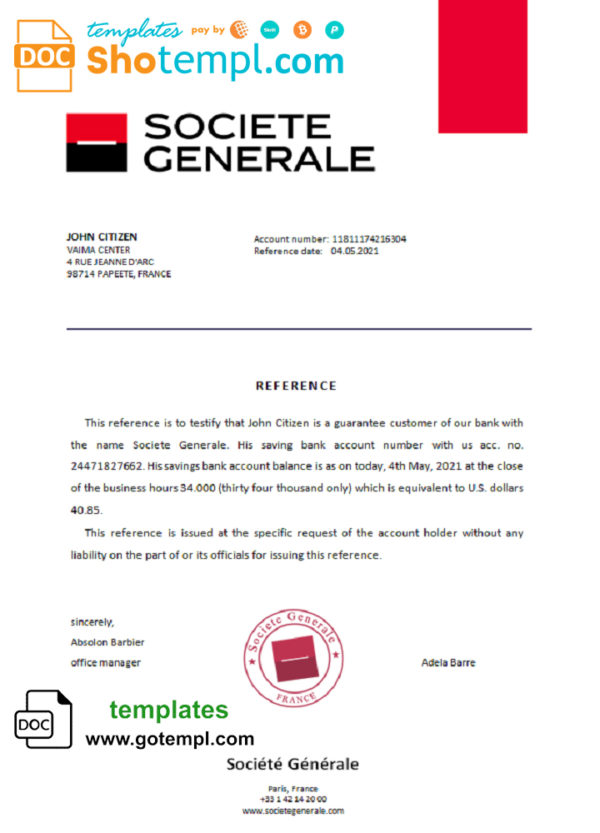 France Société Générale bank account reference letter template in Word and PDF format