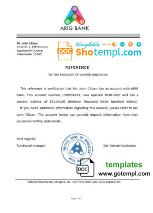 Mongolia Arig Bank bank reference letter template in Word and PDF format