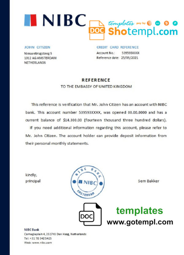 Netherlands NIBC Bank bank certificate template in Word and PDF format