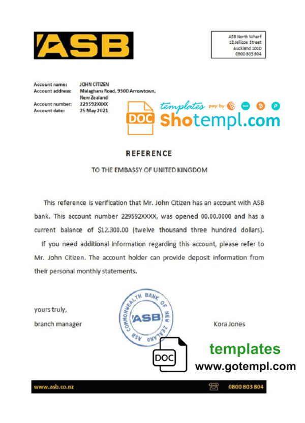 New Zealand ASB bank account reference letter template in Word and PDF format