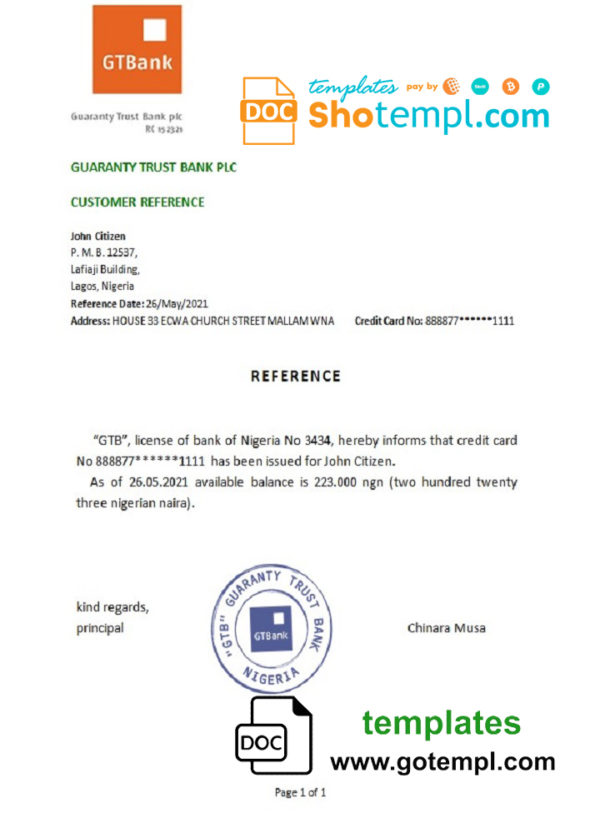Nigeria GTBank bank account reference letter template in Word and PDF format