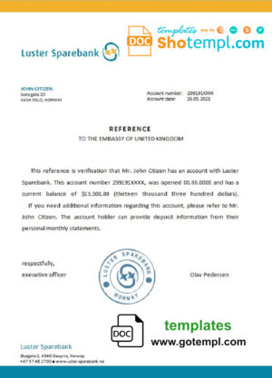 Norway Luster Sparebank bank account reference letter template in Word and PDF format