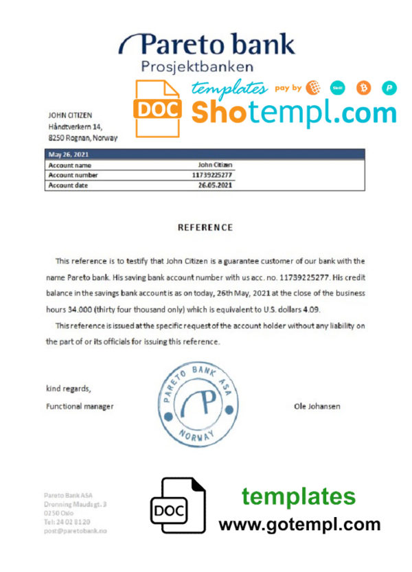 Norway Pareto Bank bank account reference letter template in Word and PDF format