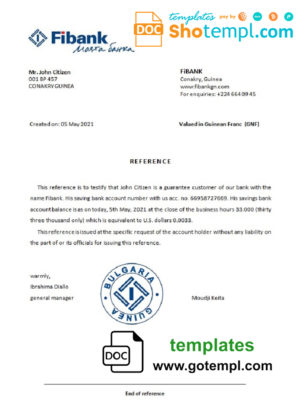 Guinea Fibank bank account reference letter template in Word and PDF format