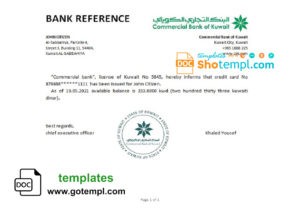 Kuwait Commercial Bank of Kuwait bank account reference letter template in Word and PDF format