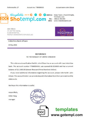 Laos Indochina Bank bank reference letter template in Word and PDF format