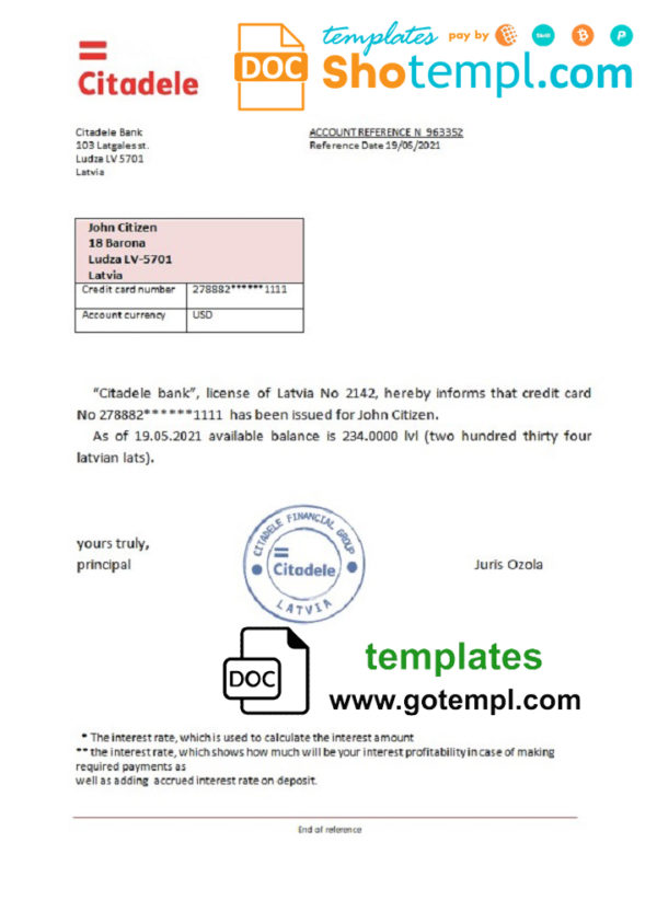 Latvia Citadele bank reference letter template in Word and PDF format