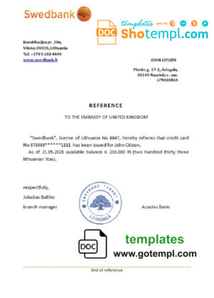 Lithuania Swedbank bank reference letter template in Word and PDF format
