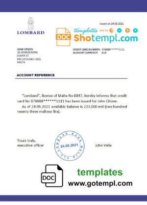 Malta Lombard bank reference letter template in Word and PDF format