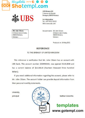 Monaco UBS bank reference letter template in Word and PDF format