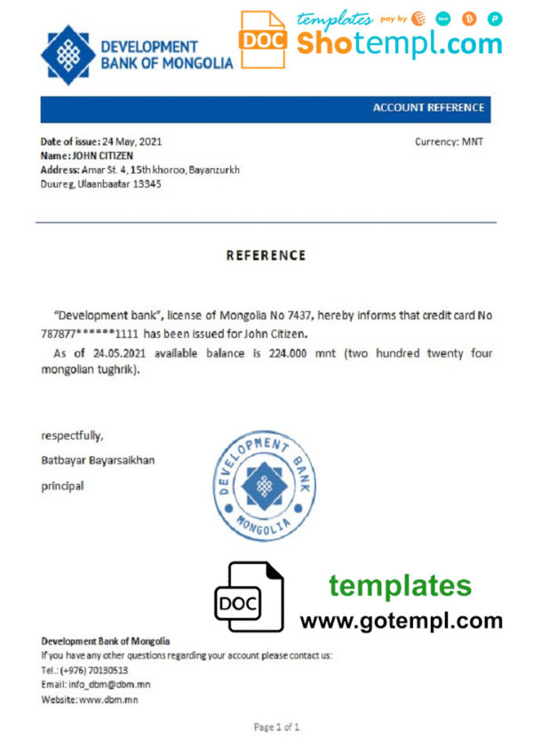 Mongolia Development Bank of Mongolia bank reference letter template in Word and PDF format