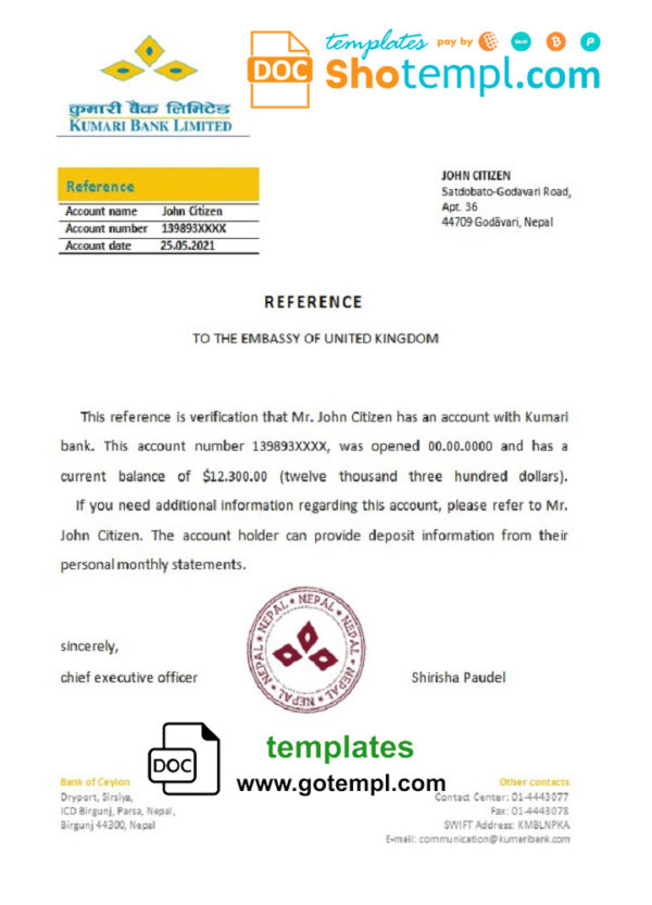 Nepal Kumari Bank bank reference letter template in Word and PDF format