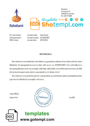 Netherlands Rabobank bank certificate template in Word and PDF format