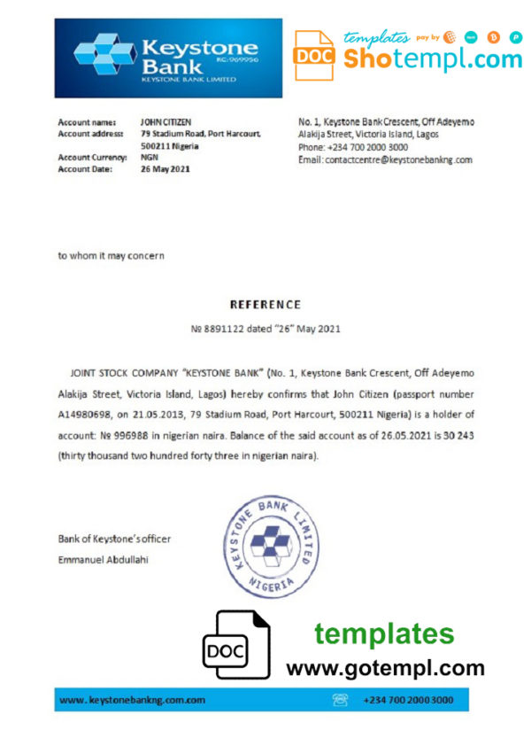 Nigeria Keystone Bank bank account reference letter template in Word and PDF format