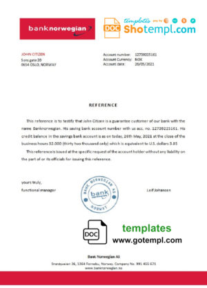 Norway Bank Norwegian bank account reference letter template in Word and PDF format
