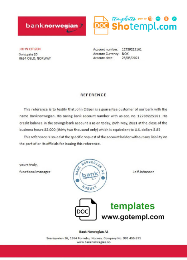 Norway Bank Norwegian bank account reference letter template in Word and PDF format