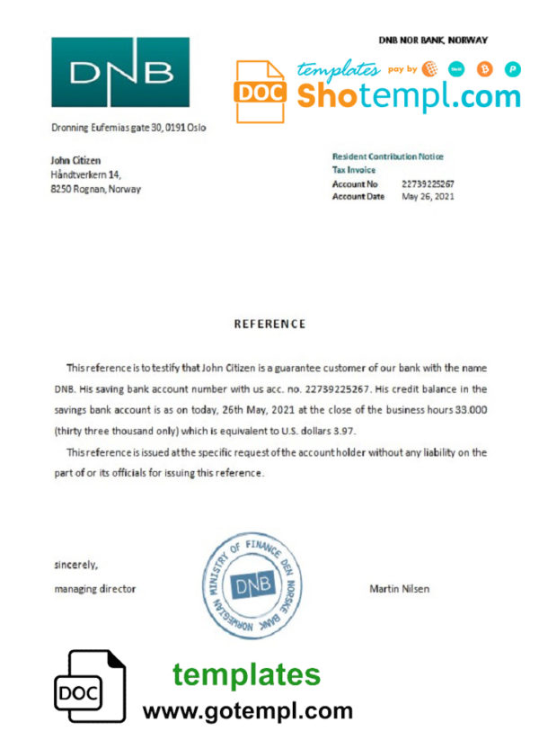 Norway DNB Nor Bank bank account reference letter template in Word and PDF format