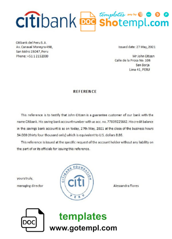 Peru Citibank bank account reference letter template in Word and PDF format